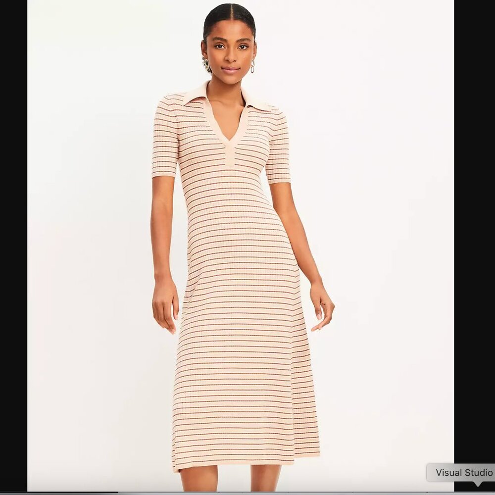 Petite Stripe Ribbed Collared Midi Sweater Dress